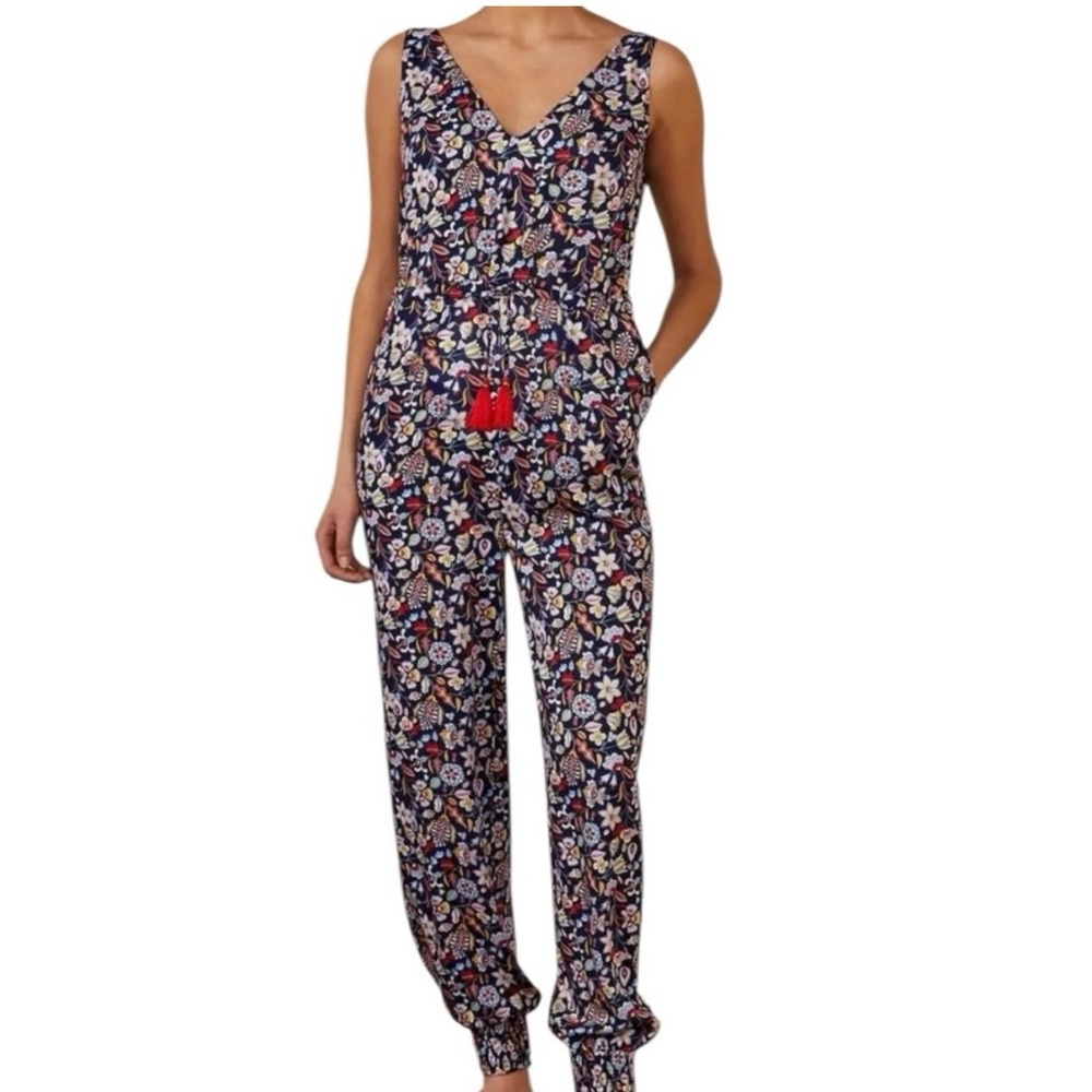 Boden, Cecilia, Navy Floral Tie Waist Jump Suit, Size 2P